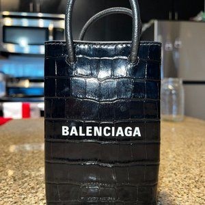 Balenciaga Women's Black Shopping Phone Holder Croc-effect Leather Bag